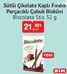 BİSCOLATA STİX SÜTLÜ ÇİKOLATA KAPLI FINDIK PARÇACIKLI ÇUBUK BİSKÜVİ 32 G